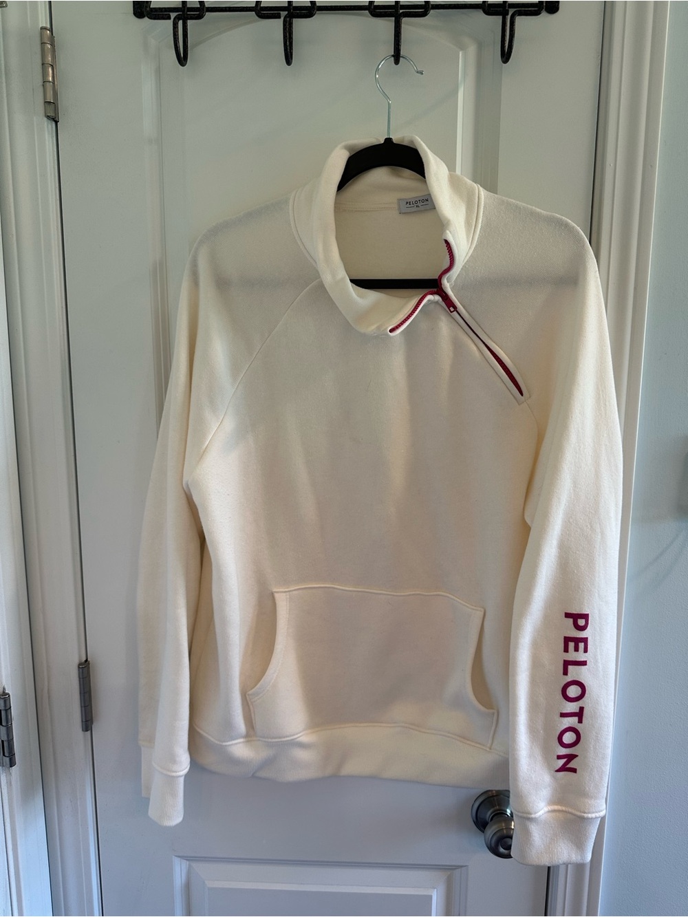 Peloton Men’s Cream Fleece Zip Pullover with Pink Trim